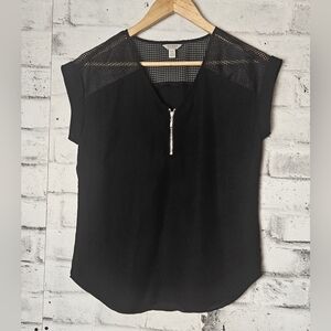 GUESS Mesh Shoulder Zip Front Blouse Black Short Sleeve XS